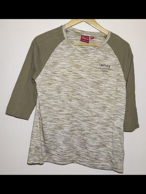 Indian Motorcycle Shirt Womens Large Olive Green Heather 3/4 Crop Sleeve Raglan